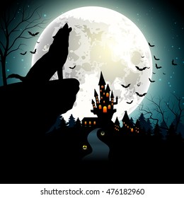 Halloween background with the wolf on full moon. Vector illustration