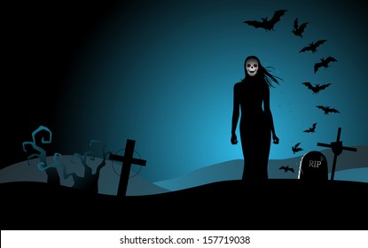 Halloween background with woman ghost 