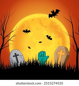 Halloween Hintergrund mit Holzsarg, Grabstein und Zombie Hand auf Vollmond