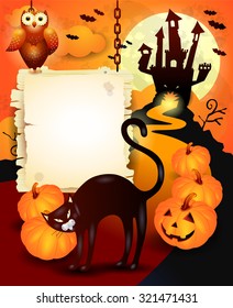 Halloween background with wooden sign and black cat, vector illustration