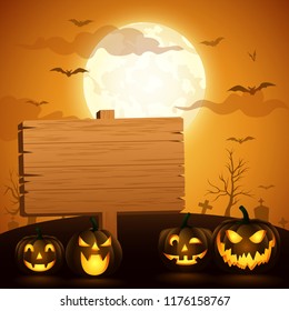 Halloween background with a wooden sign. Vector illustration