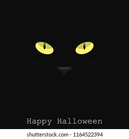 Halloween background of yellow cat eyes in the dark with Happy Halloween text on black background. Vector illustration.