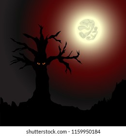 Halloween background. Yellow-eyed tree and flying raven