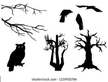 Halloween background. Yellow-eyed tree and flying raven