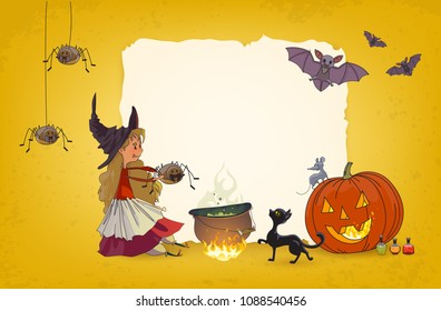Halloween background Young witch cooking potion in cauldron Spider, pumpkin, mouse, bat, cat, broom, poison, bottles and space for text Festive advertising banner poster flyer for party and sale