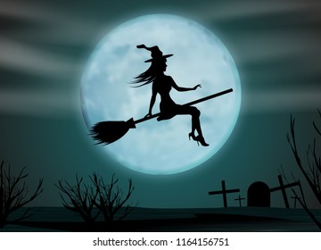 Halloween background. Young witch flying on a broomstick on the background of a full moon above cemetery. Vector illustration.