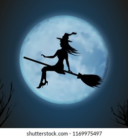 Halloween background. Young witch flying on a broomstick on the background of the full moon. Vector illustration.