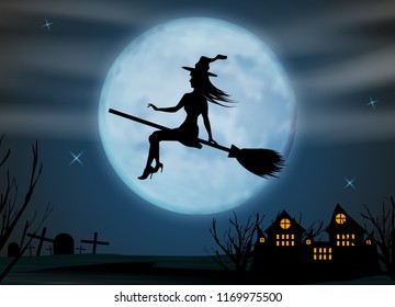 Halloween background. Young witch flying on a broomstick on the background of a full moon over the castle and cemetery. Vector illustration.