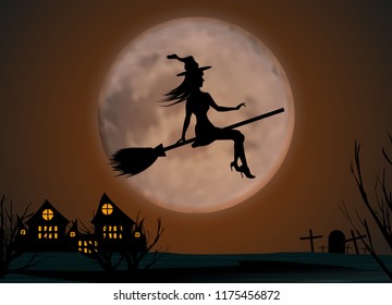 Halloween background. Young witch flying on a broomstick on the background of a full moon over the castle and cemetery. Vector illustration.