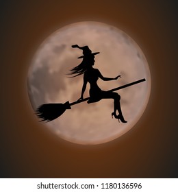 Halloween background. Young witch flying on a broomstick on the background of the full moon. Vector illustration.