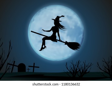 Halloween background. Young witch flying on a broomstick on the background of a full moon above cemetery. Vector illustration.