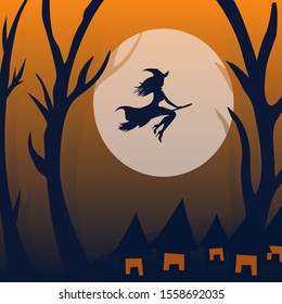 Halloween background. Young witch flying on a broomstick on the background of a full moon. Halloween haunted house and full moon background Vector illustration.