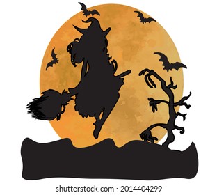 Halloween background. Young witch flying on a broomstick on the background of a full moon above cemetery