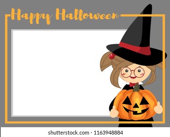 Halloween background with young witch and Happy Halloween text with space for your copy.