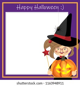 Halloween background with young witch and Happy Halloween text with space for your copy.