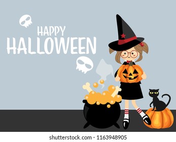 Halloween background of young witch holding Halloween pumpkin with black cat sitting on pumpkin, magic potion pot and Happy Halloween text on gray background. Vector illustration.