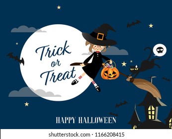 Halloween background of young witch holding Halloween pumpkin bucket flying by broomstick with black cat on sky, flying bats on full moon with clouds and Happy Halloween text. Vector illustration.