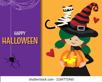Halloween background with young witch and Mummy cat and Happy Halloween text. 
