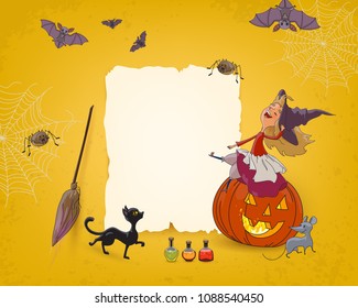 Halloween background with young witch sitting on pumpkin Broom, spiders, bat, mouse, cat, poison bottles Free space for text Festive advertising banner, poster, flyer for party and holiday sales