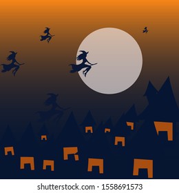 Halloween background. Young witches flying on a broomstick on the background of a full moon. Halloween haunted house and full moon background. Vector illustration.