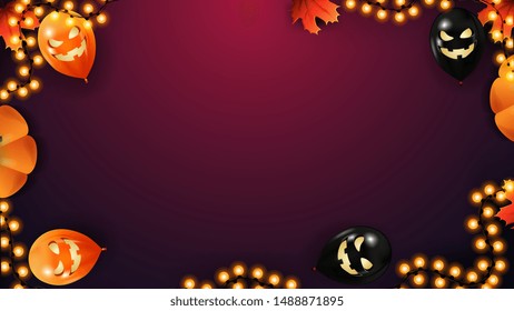 Halloween background for your creativity with space for text. Template with Halloween balloons, garland and autumn leaves on pink background.
