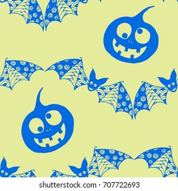Halloween Background with Zentangle Bats, Net and Pumpkins Hand Drawn and Traced to Vector. Seamless Pattern for Wrapping or Halloween Decoration. Monochrome Background