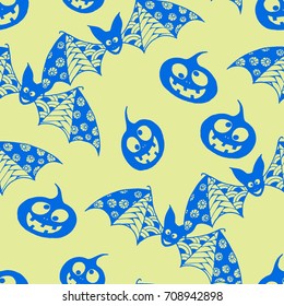 Halloween Background with Zentangle Bats, Net and Pumpkins Hand Drawn and Traced to Vector. Seamless Pattern for Wrapping or Halloween Decoration. Monochrome Background