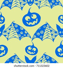 Halloween Background with Zentangle Bats, Net and Pumpkins Hand Drawn and Traced to Vector. Seamless Pattern for Wrapping or Halloween Decoration. Monochrome Background