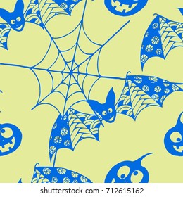Halloween Background with Zentangle Bats, Net and Pumpkins Hand Drawn and Traced to Vector. Seamless Pattern for Wrapping or Halloween Decoration. Monochrome Background
