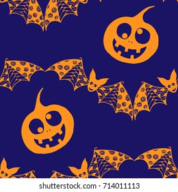 Halloween Background with Zentangle Bats, Net and Pumpkins Hand Drawn and Traced to Vector. Seamless Pattern for Wrapping or Halloween Decoration. Monochrome Background