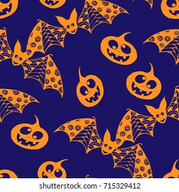 Halloween Background with Zentangle Bats, Net and Pumpkins Hand Drawn and Traced to Vector. Seamless Pattern for Wrapping or Halloween Decoration. Monochrome Background