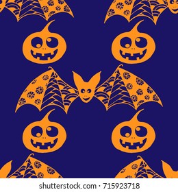 Halloween Background with Zentangle Bats, Net and Pumpkins Hand Drawn and Traced to Vector. Seamless Pattern for Wrapping or Halloween Decoration. Monochrome Background