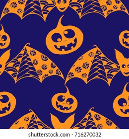 Halloween Background with Zentangle Bats, Net and Pumpkins Hand Drawn and Traced to Vector. Seamless Pattern for Wrapping or Halloween Decoration. Monochrome Background