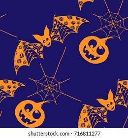 Halloween Background with Zentangle Bats, Net and Pumpkins Hand Drawn and Traced to Vector. Seamless Pattern for Wrapping or Halloween Decoration. Monochrome Background