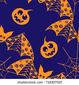 Halloween Background with Zentangle Bats, Net and Pumpkins Hand Drawn and Traced to Vector. Seamless Pattern for Wrapping or Halloween Decoration. Monochrome Background