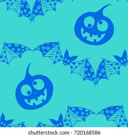 Halloween Background with Zentangle Bats, Net and Pumpkins Hand Drawn and Traced to Vector. Seamless Pattern for Wrapping or Halloween Decoration. Monochrome Background