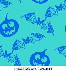 Halloween Background with Zentangle Bats, Net and Pumpkins Hand Drawn and Traced to Vector. Seamless Pattern for Wrapping or Halloween Decoration. Monochrome Background