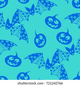 Halloween Background with Zentangle Bats, Net and Pumpkins Hand Drawn and Traced to Vector. Seamless Pattern for Wrapping or Halloween Decoration.