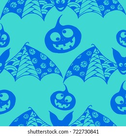 Halloween Background with Zentangle Bats, Net and Pumpkins Hand Drawn and Traced to Vector. Seamless Pattern for Wrapping or Halloween Decoration. Monochrome Background