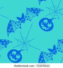 Halloween Background with Zentangle Bats, Net and Pumpkins Hand Drawn and Traced to Vector. Seamless Pattern for Wrapping or Halloween Decoration. Monochrome Background