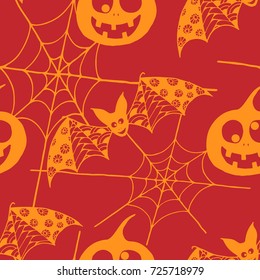 Halloween Background with Zentangle Bats, Net and Pumpkins Hand Drawn and Traced to Vector. Seamless Pattern for Wrapping or Halloween Decoration. Monochrome Background