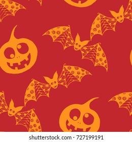 Halloween Background with Zentangle Bats, Net and Pumpkins Hand Drawn and Traced to Vector. Seamless Pattern for Wrapping or Halloween Decoration. Monochrome Background