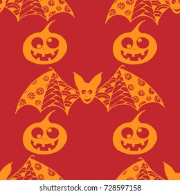 Halloween Background with Zentangle Bats, Net and Pumpkins Hand Drawn and Traced to Vector. Seamless Pattern for Wrapping or Halloween Decoration. Monochrome Background