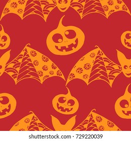 Halloween Background with Zentangle Bats, Net and Pumpkins Hand Drawn and Traced to Vector. Seamless Pattern for Wrapping or Halloween Decoration. Monochrome Background