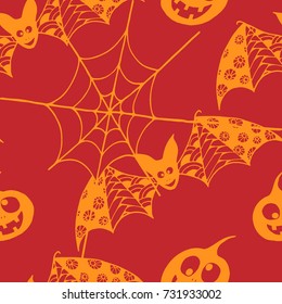 Halloween Background with Zentangle Bats, Net and Pumpkins Hand Drawn and Traced to Vector. Seamless Pattern for Wrapping or Halloween Decoration. Monochrome Background