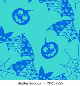 Halloween Background with Zentangle Bats, Net and Pumpkins Hand Drawn and Traced to Vector. Seamless Pattern for Wrapping or Halloween Decoration. Monochrome Background