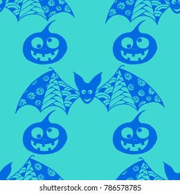 Halloween Background with Zentangle Bats, Net and Pumpkins Hand Drawn and Traced to Vector. Seamless Pattern for Wrapping or Halloween Decoration. Monochrome Background