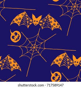 Halloween Background with Zentangle Bats, Web and Pumpkins Hand Drawn and Traced to Vector. Seamless Pattern for Wrapping or Halloween Decoration. Monochrome Background