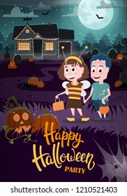 Halloween background with zombie, bee, haunted house and full moon. Flyer or invitation template for Halloween party. Vector illustration.