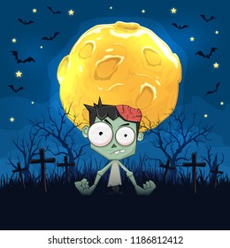 Halloween background. Zombie with brain on a cemetery and full Moon on blue night sky with bats, illustration.
